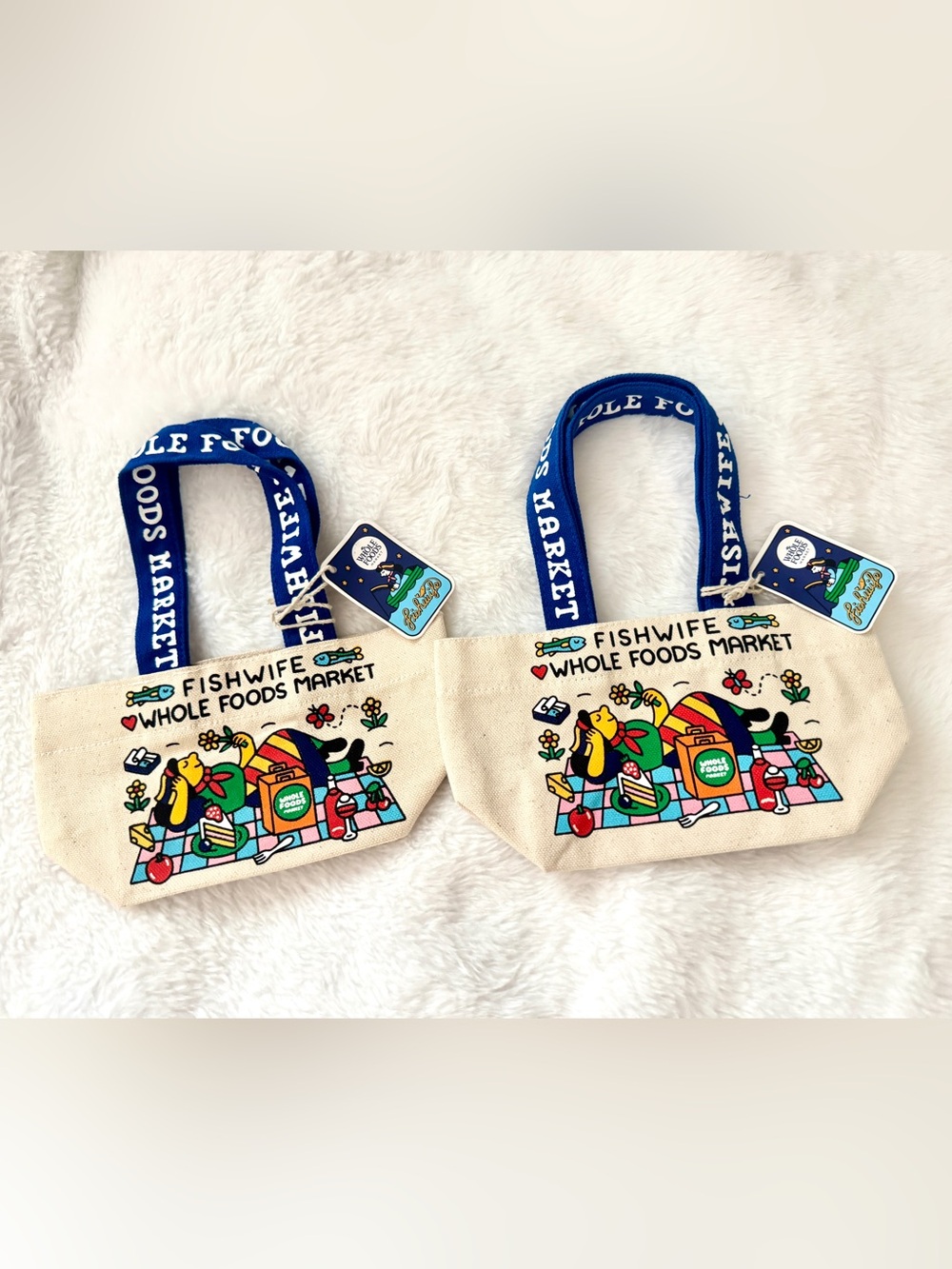 2 Whole Foods Market Fishwife Canvas Totes with Blue Straps micro size/ NWT